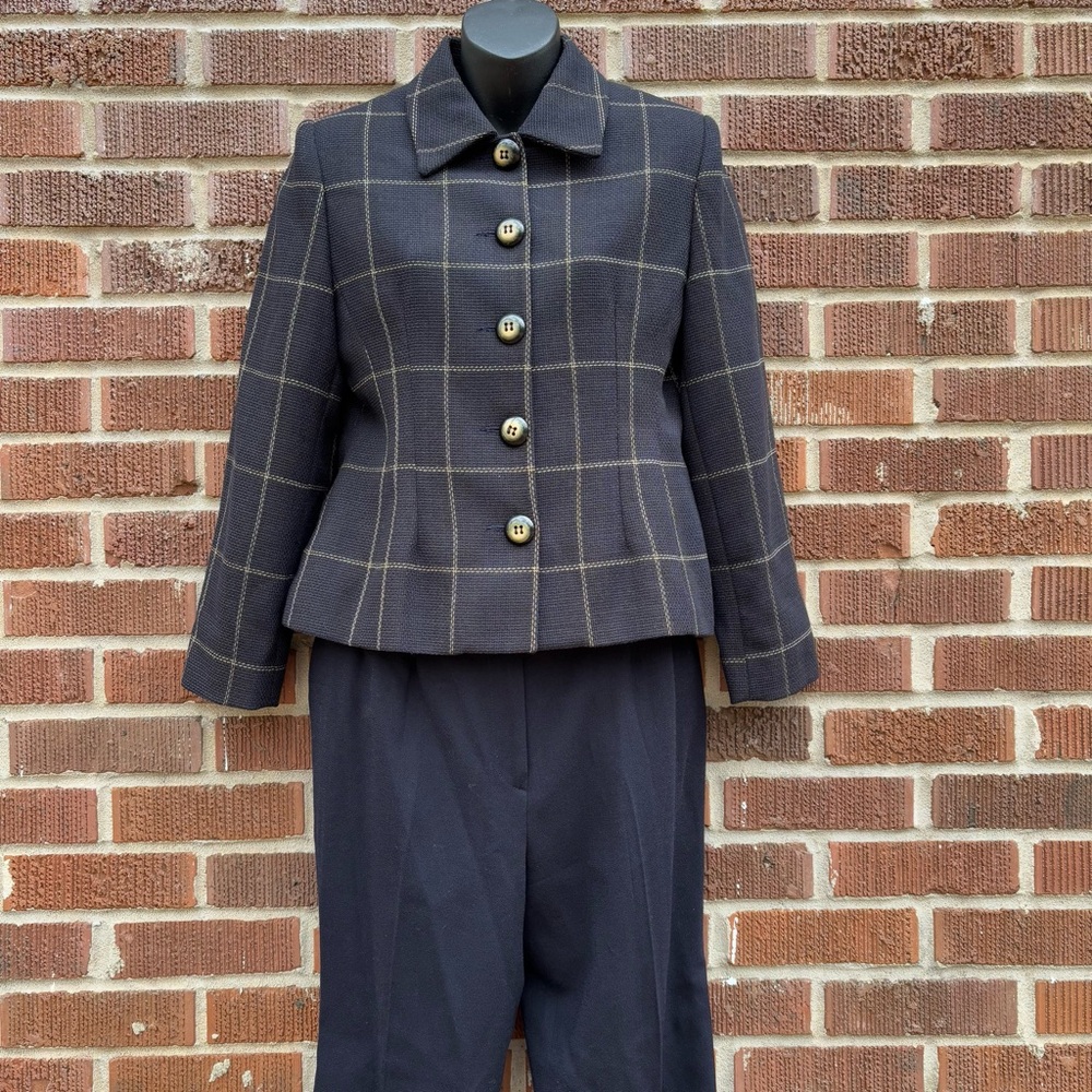 Louben Petites Virgin wool Pant Suit button up Blazer Sz 6 plaid Navy Vintage